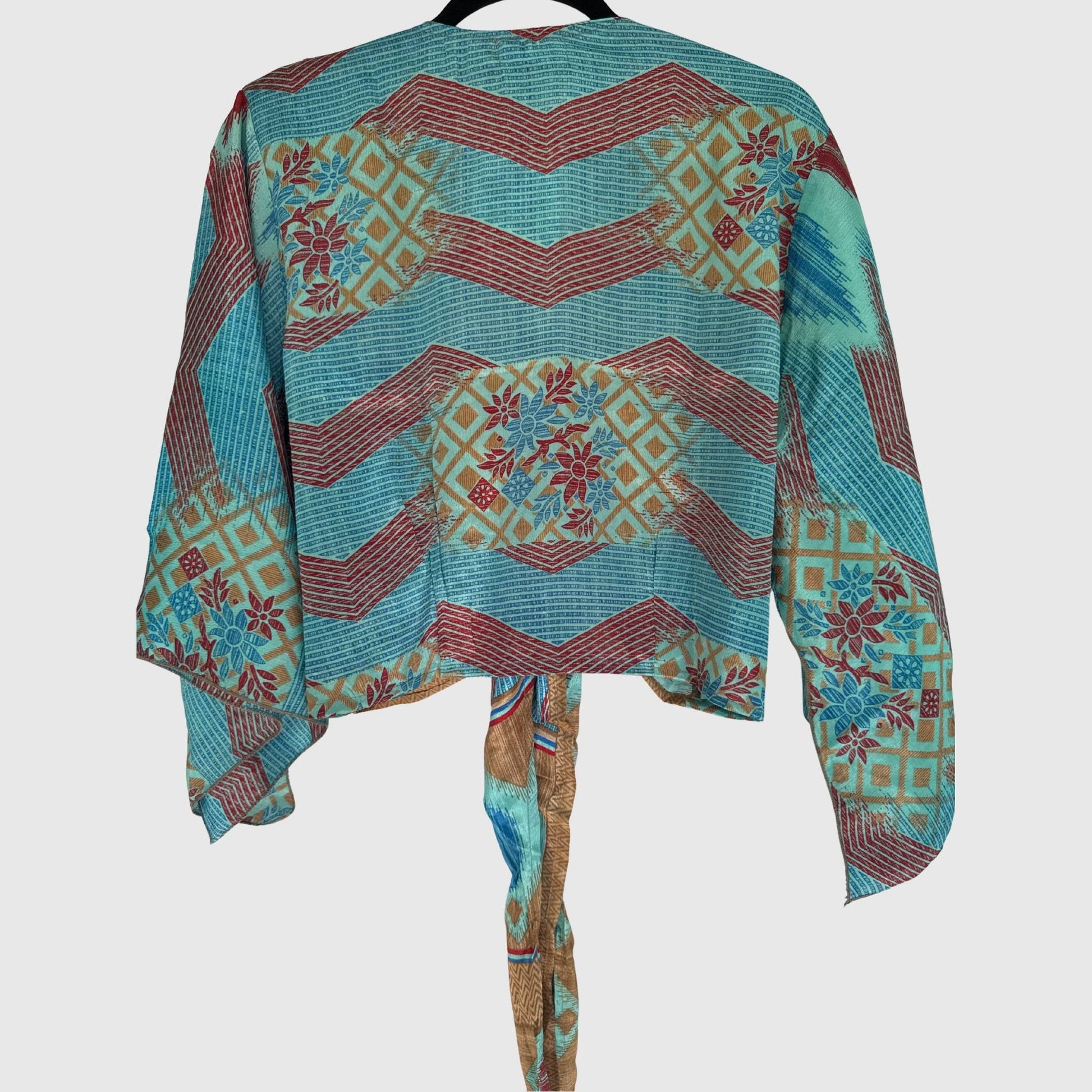 Upcycled Wickelbluse #940 aus Vintage-Sari in Türkis – Rückansicht