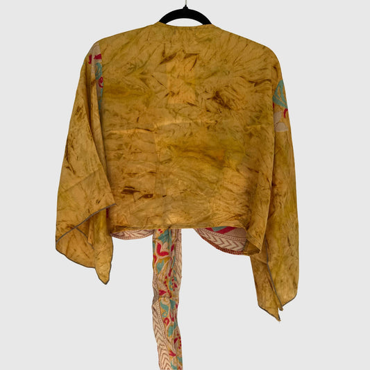 Upcycled Wickelbluse #949 aus Vintage-Sari in Orange & Beige – Rückansicht