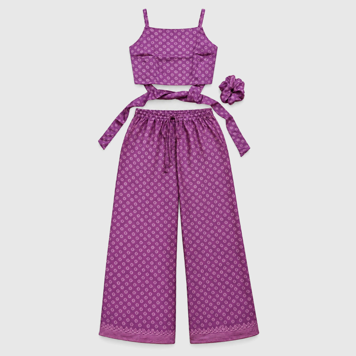 Upcycled Set aus Wickeltop und Palazzo-Hose aus Sari-Stoff in Lila, Vorderansicht