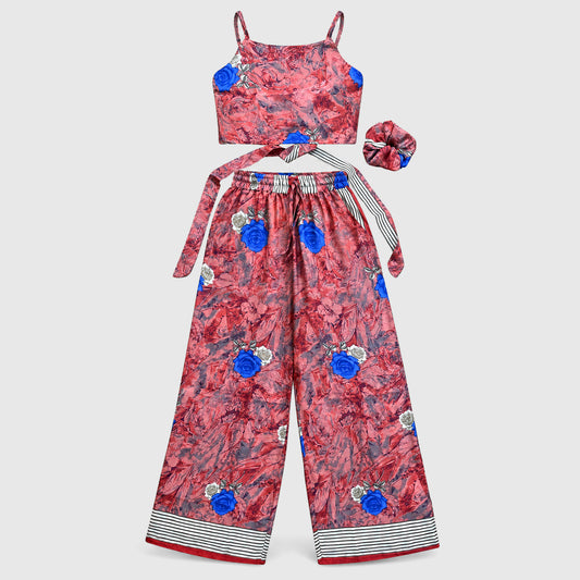 Upcycled Set aus Wickeltop und Palazzo-Hose aus Sari-Stoff in Rot, Vorderansicht