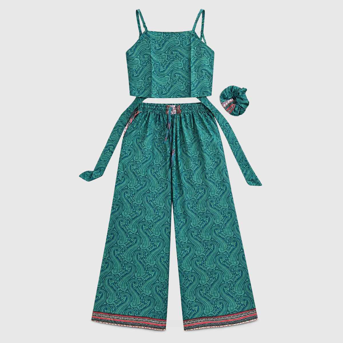 Upcycled Set aus Wickeltop und Palazzo-Hose aus Sari-Stoff in Grün, Vorderansicht