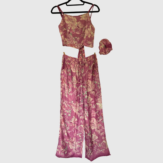 Upcycled Set aus Wickeltop und Palazzo-Hose aus Sari-Stoff in Magenta & Rosa, Vorderansicht