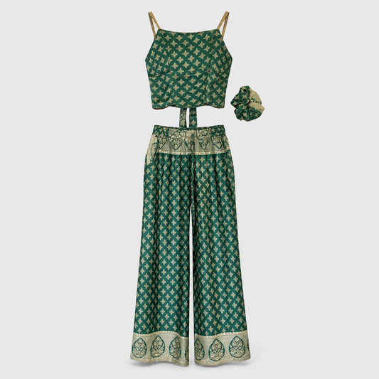 Upcycled Set aus Wickeltop und Palazzo-Hose aus Sari-Stoff in Türkis & Grau, Vorderansicht
