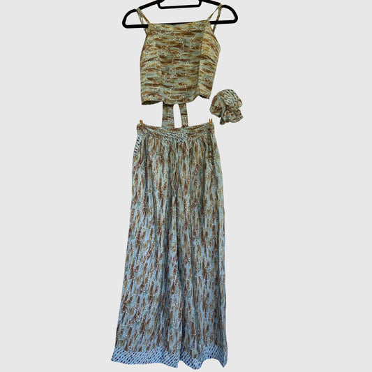 Upcycled Set aus Wickeltop und Palazzo-Hose aus Sari-Stoff in Braun & Grau, Vorderansicht